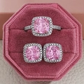 Pink cushion-cut gemstone jewelry set with halo ring and stud earrings in box - US 4.5 / Pink