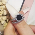 Vintage halo ring with square black stone and white zircon double band structure - Size 5 / Black