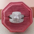 Luxury silver bridal ring set with square halo moissanite in pink velvet box - US 5 / White