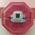 Luxury silver ring set featuring square green gemstone with round cut accents in pink box - US 5 / Green