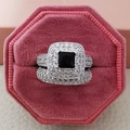Luxury silver-tone bridal ring set with square black gemstone and pavé diamonds - US 5 / Black