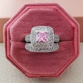 Luxurious pink princess cut diamond ring set in silver metal with a pink velvet box - US 5 / Pink