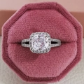 Luxury square cushion cut silver ring with halo diamonds in a pink velvet jewelry box - Size 5 / White