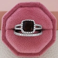Luxury chocolate brown cushion-cut zircon ring set with matching band in a pink box - Size 9 / Brown