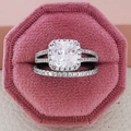 Luxury silver bridal ring set with cushion cut halo stone in a pink velvet box - Size 9 / White