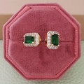 Vintage emerald-cut green gem earrings with diamond halo in a pink velvet box - Open Adjustable / Green Rose Gold