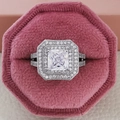 Luxury square emerald-cut halo silver ring set in a pink velvet octagon jewelry box - US 5 / White