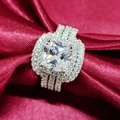 Luxury 3-in-1 cushion cut halo ring with triple-row diamond band on red silk - Size 5 / White