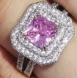 Luxury square pink zircon ring with double halo pavé diamonds on a silver band - US 5 / Pink