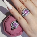 Luxury three-in-one pink cushion-cut gem ring set in silver with velvet jewelry box - Size 5 / Pink