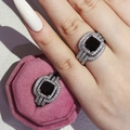 Luxury 3-in-1 set with square black gemstone and double halo of white zircons - Size 5 / Brown