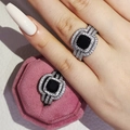 Luxury square black gemstone ring with double halo pavé diamonds in silver setting - Black