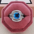 Luxury three-piece ring set with blue cushion-cut stone in a pink velvet jewelry box - Sky Blue