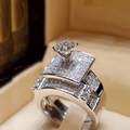 Luxury multi-layer silver bridal ring set with round brilliant cut diamond in jewelry box - Size 5 / Six-Claw Round Luxury Style (r4990) / Silver