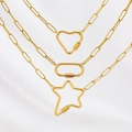 Detailed view of gold paperclip chains with heart, star and oval carabiner pendants - Square Pendant Chain (len52.5cm) / Gold