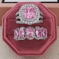 Conjunto de dos anillos de plata con circonitas rosas en una caja de terciopelo - Talla 5 / Set de 2 piezas Halo cojín(r4898-r4574) / Rosa