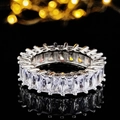 Macro detail of luxury eternity ring featuring emerald-cut cubic zirconia in silver band - Size 5 / Baguette Cut Full Eternity White Style (r5950)