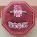 Ensemble de bagues de luxe avec pierres roses ovales et diamants pavés argentés - Taille 5 / Ensemble 2 pièces taille ovale(r4588-r5343) / Rose