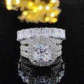 Ensemble de trois bagues de mariage en argent avec pierre taille coussin et pavé - Taille 5 / Ensemble 3 pièces luxe coussin(r4898-r5580) / Blanc