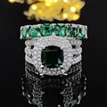 Ensemble de bagues en argent avec émeraude taille coussin et pavé de diamants brillants - Taille 5 / Ensemble 3 pièces luxe coussin(r4898-r5580) / Vert