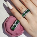 Silver ring with emerald cut green stones and pave cubic zirconia in a velvet box - Size 5 / Baguette Cut Eternity Style (r5436) / Green