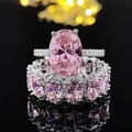Ensemble de 2 bagues luxueuses en argent avec pierres roses ovales et micro-pavé de diamants - Taille 5 / Ensemble de Luxe Pierre Ovale Rose (R4574-R4588) / Rose