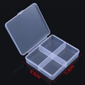 Detailed top view of 4-compartment clear PP plastic storage box measuring 6.5cm by 7.3cm - Small Multi Compartment Style