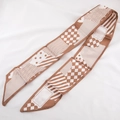 Brown and white geometric pattern long silk twilly scarf with polka dots and checks - Khaki Geometric