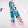 Franse stijl twilly zijden sjaal met blauwe geometrische golven en rode patronen - Domino Roze