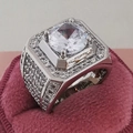 Silver luxury men's ring with large round center diamond and pavé setting on square face - US 8 / Silver