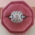 Vintage silver ring with round zircon and blue sapphire accents on pink velvet gift box - US 5 / Blue