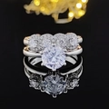 Elegante conjunto de anillos de plata con piedra redonda y banda de diamante en espejo negro - Talla 5 / Juego de Solitario Redondo con Banda Pavé (R5001-R4339)