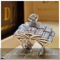 Detailed close-up of a silver-toned bridal set featuring a six-prong round-cut diamond ring - Size 5 / Luxury 3-in-1 Combination Ring Set (CY262) / Silver