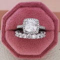 Elegant cushion cut halo engagement ring set with eternity band in luxury velvet box - Size 5 / Cushion Halo and Eternity Band Set / White