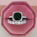 Fashionable cushion cut dark green gemstone ring set with sparkling halo in pink velvet box - Size 5 / Cushion Deep Green Gemstone Halo Set / Green