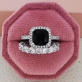 Silver ring set with square black gemstone and white diamonds in pink velvet box - Size 5 / Square Black Gemstone Halo Set / Black