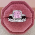 Pink cushion cut halo ring set with pavé bands in a pink velvet jewelry box - Size 5 / Cushion Pink Gemstone Halo Set / Pink