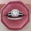 Luxury silver-tone bridal ring set with halo moissanite in a pink velvet box - US 5 / White