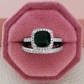 Emerald cut green gemstone ring set with sparkling side diamonds in pink velvet box - Number 5 / Green