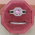 Luxury two-piece silver ring set with round pink gemstone in a pink velvet jewelry box - US 5 / Pink