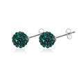 Detailed close-up of dark green crystal pavé ball stud earrings with silver metal pins - Dark Green