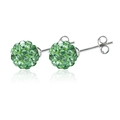 Close-up of green crystal pave ball stud earrings with silver metal base and reflection - Green