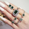 Luxurious emerald jewelry set with rectangle pendant necklace, earrings, bracelet, and ring - Green (R5098-S5214-E6049-X6590-Green)