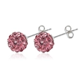 Pink pave crystal ball stud earrings with silver metal finish on white background - Red