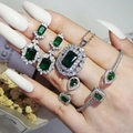 Luxury silver-tone emerald jewelry set with ring, earrings, necklace and bangle - Green (R5098-S5214-X6590-E6522-Green)