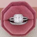 Cushion cut halo ring set with double row pave stones in a pink velvet jewelry box - Size 5 / Stacking Combinations / White