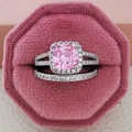 Silver jewelry set with cushion-cut pink gemstone ring in a velvet hexagon box - Size 5 / Stacking Combinations / Pink