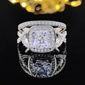 Lujoso conjunto de anillos de compromiso con corte cojín, doble halo y bandas de plata - Talla 5 / Combinación de Halo Doble de Cojín (R1910-R1090A)