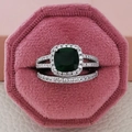 Green emerald cut ring set in silver finish presented in a pink velvet jewelry box - Size 5 / Stacking Combinations / Green