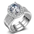 Luxury silver-tone halo ring featuring a large round brilliant center and multi-row pavé band - US 6 / White